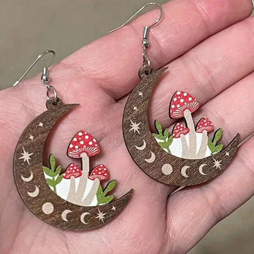 Crescent Moon & Magical Mushrooms Wood Carved Boho Earrings NEW